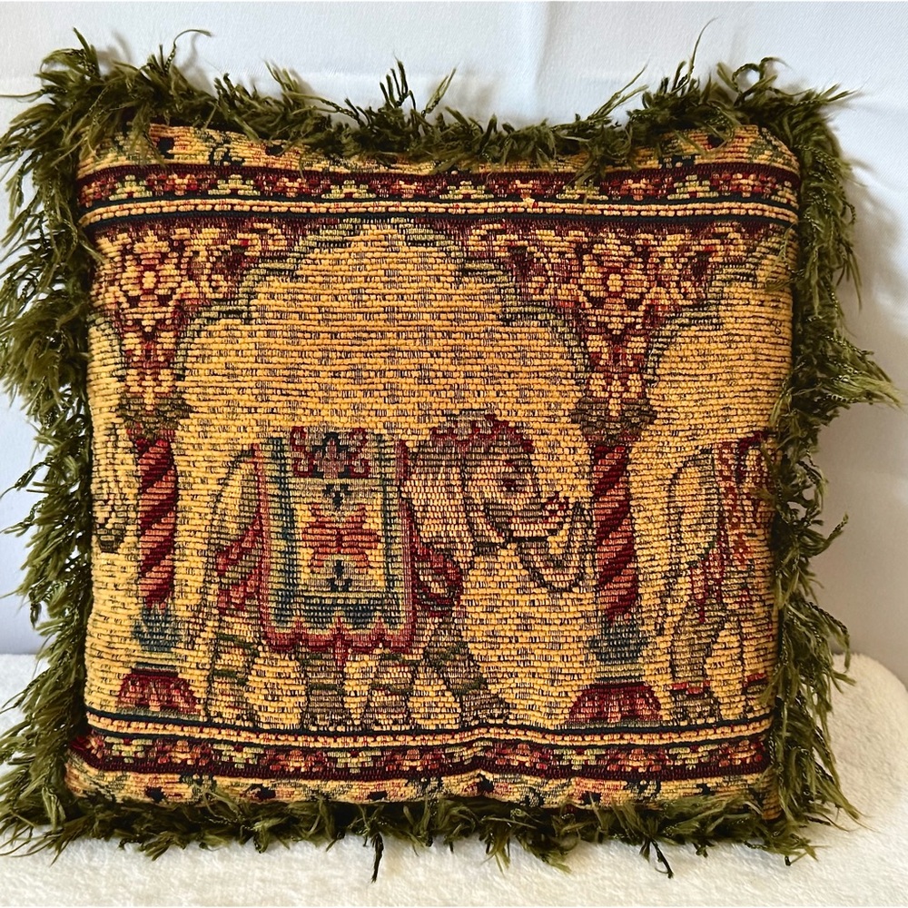 Vintage Decorative Elephant Tapestry Pillow Green Burgundy Square 11.5” Fringe